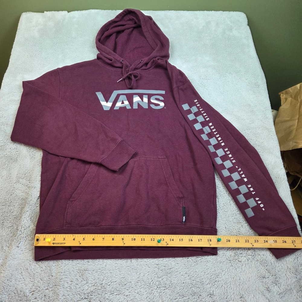 Vans Graphic Logo Hoodie Mens M Checkerboard Sleeve Off The Wall Maroon Burgundy